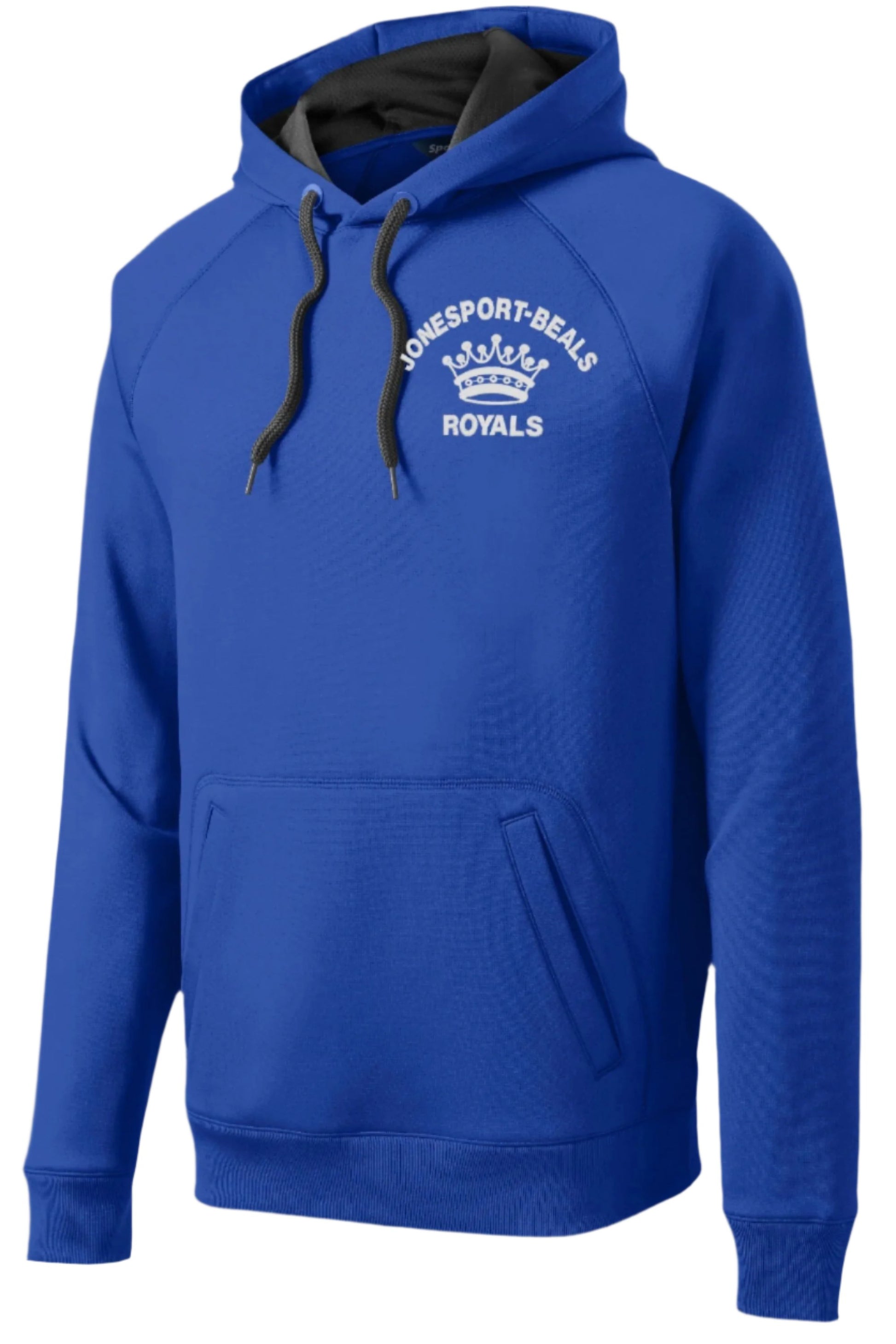 Wicking hooded sweatshirt embroidered on front left chest, printed on back, with customized name embroidered on sleeve. Royal Blue or Ash Gray